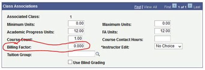 Screenshot of where Billing Factor can be found on the Class Associations section in LionPATH