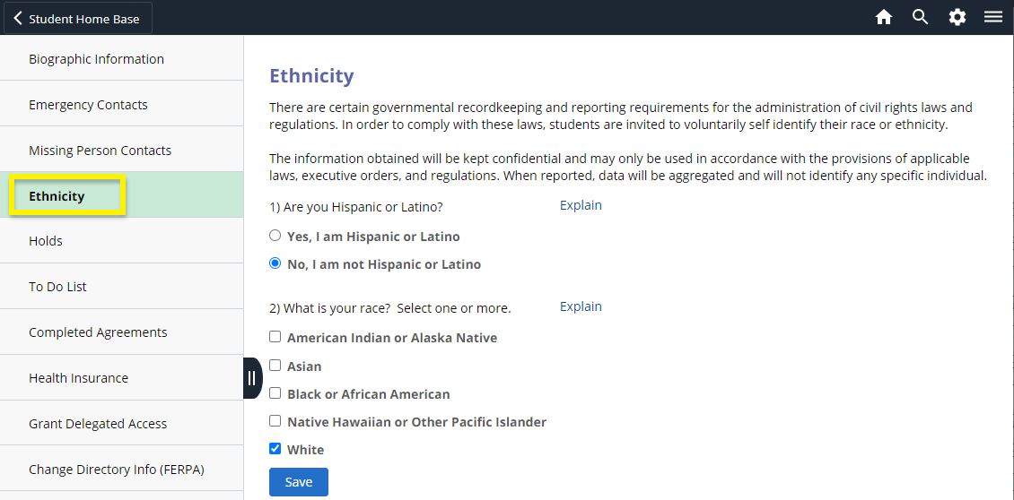 Screenshot of the Ethnicity link in the LionPATH Student Home Base My Information section.