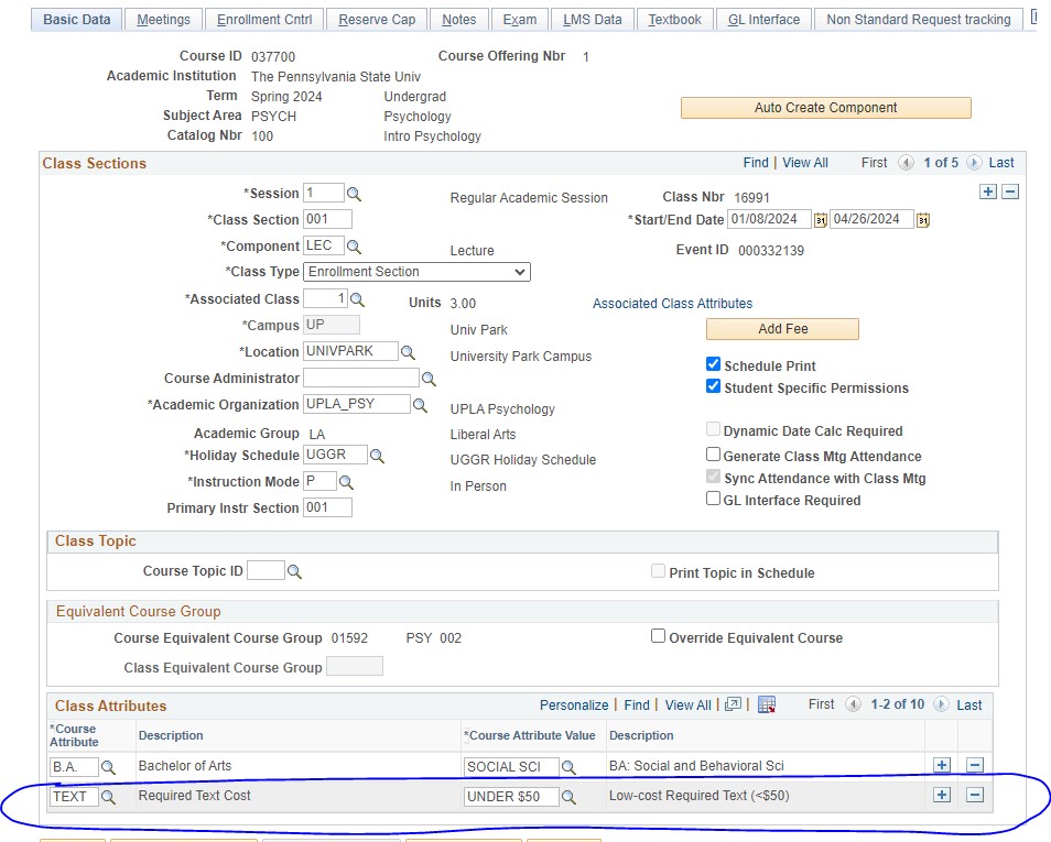 Screenshot of Under $50 class attrbute on the Class Attributes secion in LionPATH