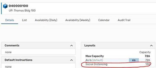 Screenshot of where General Purpose Classroom Six-Foot Space Capacity information appears on the Details tab in 25Live