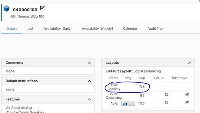 Screenshot of where General Purpose Classroom Max Capacity information appears on the Details tab in 25Live