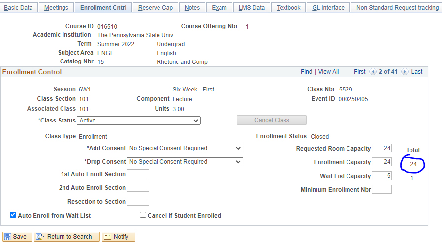 Screenshot of the number of students enrolled in 115 Ag. Engineering in LionPATH