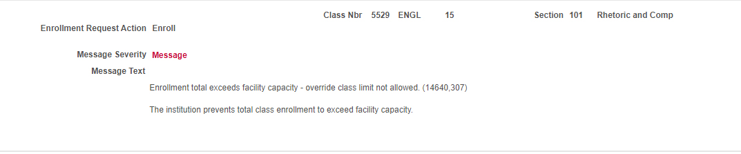 Screenshot of warning message that appears if the number of students enrolled in class is higher than room capacity