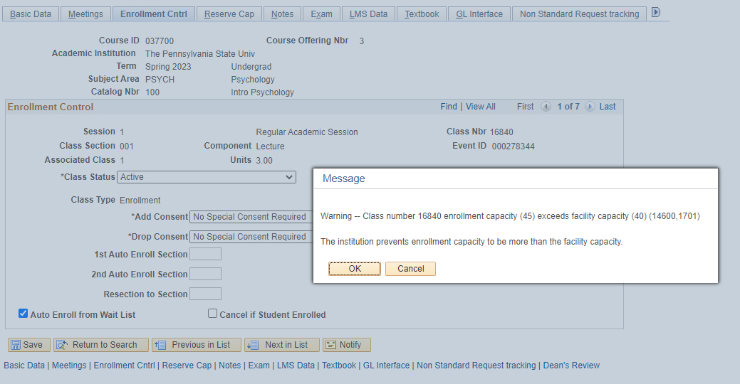 Screenshot of warning message that appears if the enrollment capacity is higher than room capacity