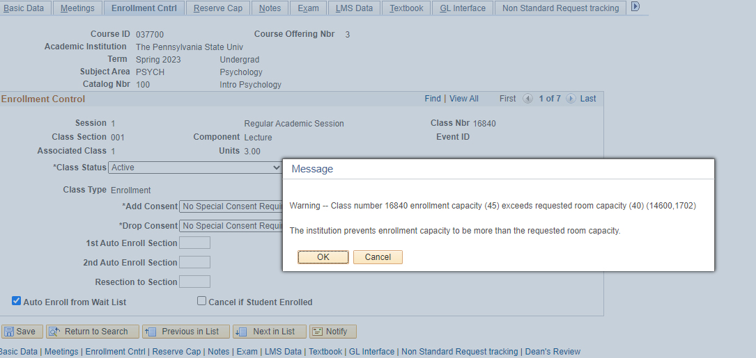 Screenshot of warning message that appears if the enrollment capacity is higher than requested room capacity