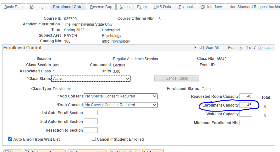Screenshot of where to enter enrollment capacity information in LionPATH