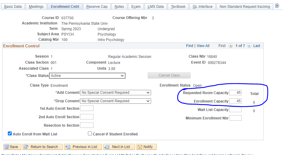 Screenshot of the edited requested room capacity and enrollment capacity LionPATH