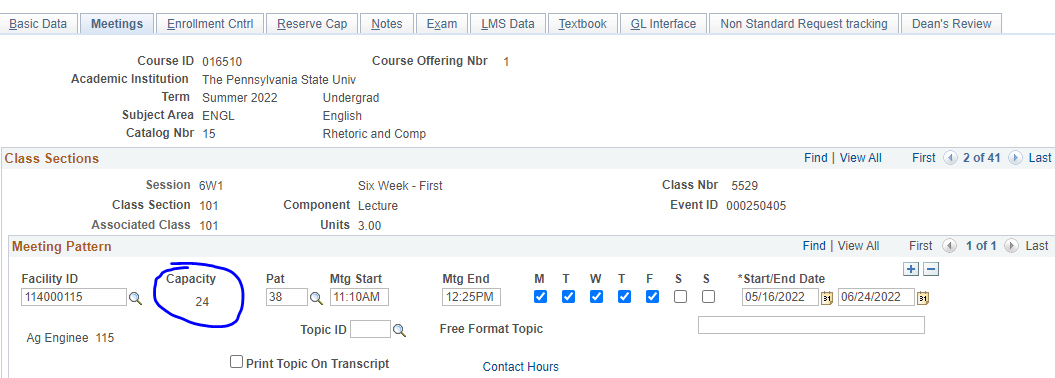 Screenshot of the room capacity field for 115 Ag. Engineering in LionPATH