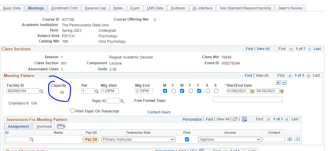 Screenshot of the room capacity field in LionPATH