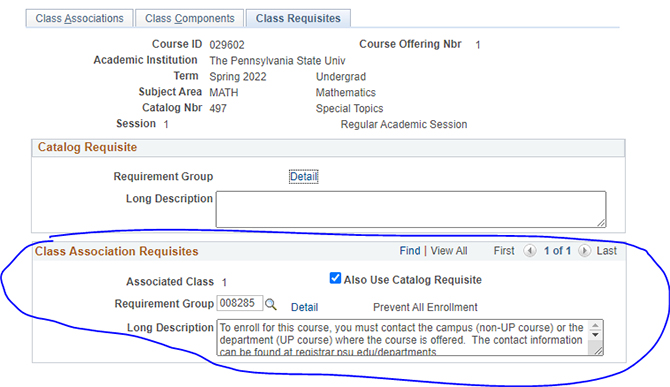 Screenshot of where course control information appears on the Class Requisites tab in LionPATH