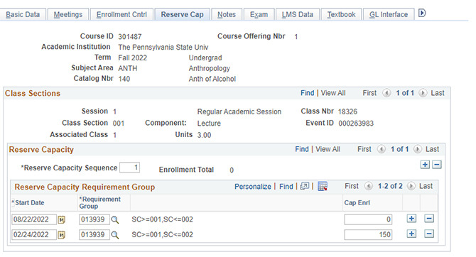 Screenshot of where course control information appears on the Reserve Cap tab in LionPATH