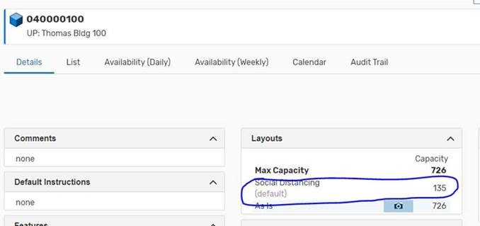 Screenshot of where General Purpose Classroom Social Distancing Capacity information appears on the Details tab in 25Live