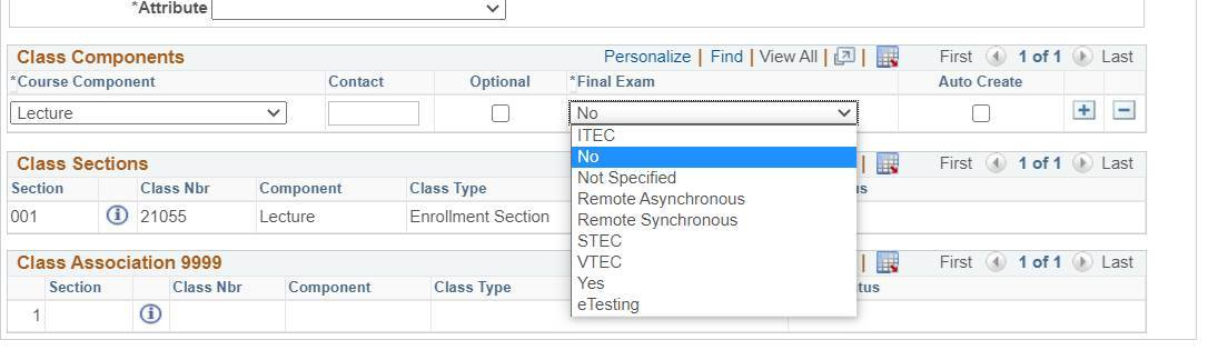 Screenshot of the final exam requesting features dropdown field in LionPATH