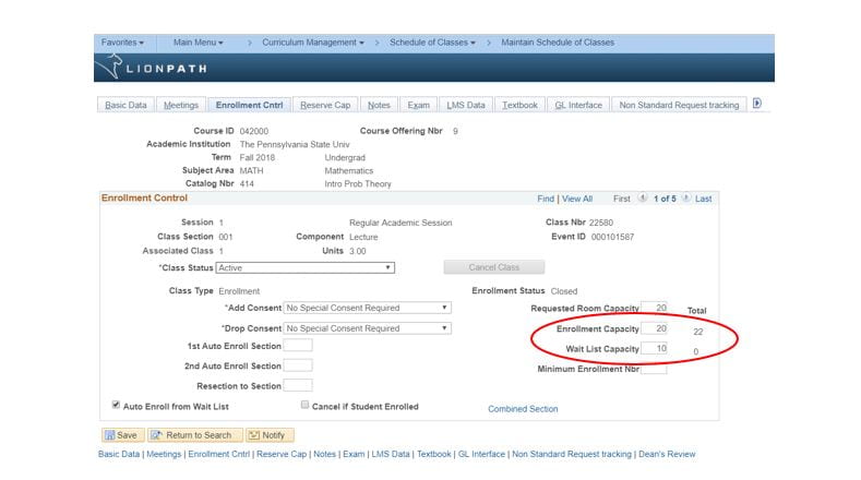 Screenshot of the Enrollment Control tab on the Maintain Schedule of Classes screen in LionPATH.