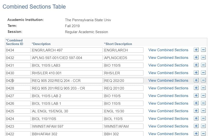 Screenshot of a list of combined section courses on the Combined Sections Table screen in LionPATH.
