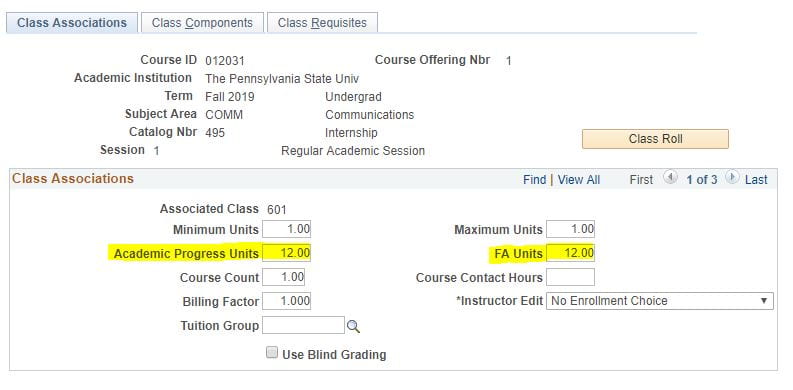 Screenshot of the academic progress units and FA units fields on the Adjust Class Associations screen in LionPATH.