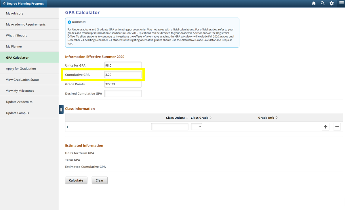 Screenshot highlighting the Cumulative GPA field in the LionPATH GPA Calculator.
