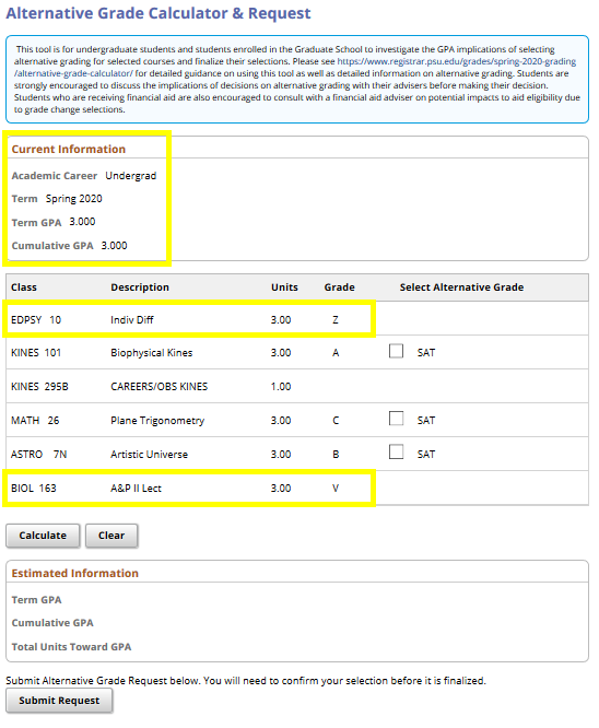 Screenshot showing how information appears once alternative grade selections are submitted in the Alternative Grade Calculator.