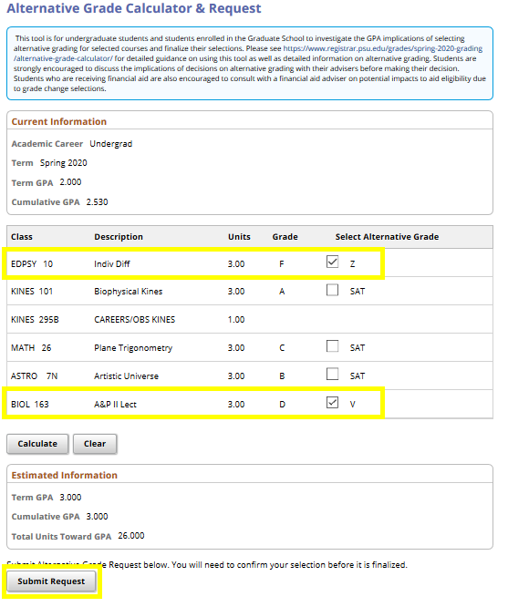 Screenshot showing how to submit alternative grade request in the Alternative Grade Calculator.