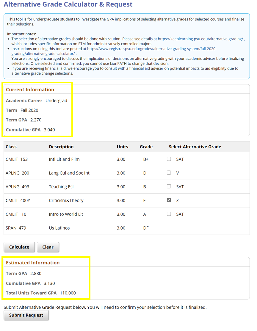Screenshot highlighting the output of GPA calculation in the Alternative Grade Calculator.
