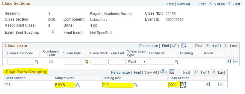 Screenshot of the Final Exam Grouping section within the Exams tab on the Maintain Schedule of Classes screen in LionPATH