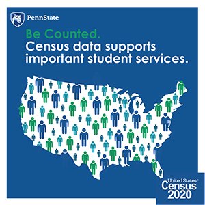 Graphic of United States with caption reading: Be counted. Census data supports student services.